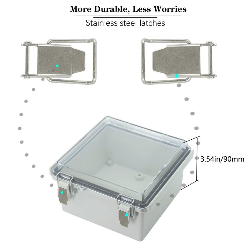 Zulkit Junction Box ABS Plastic Dustproof Waterproof IP67 Electrical Boxes Hinged Shell Outdoor Universal Project Enclosure Grey Clear Cover, Stainless Steel Buckles 5.9 x 5.9 x 3.5 inch - Image 2